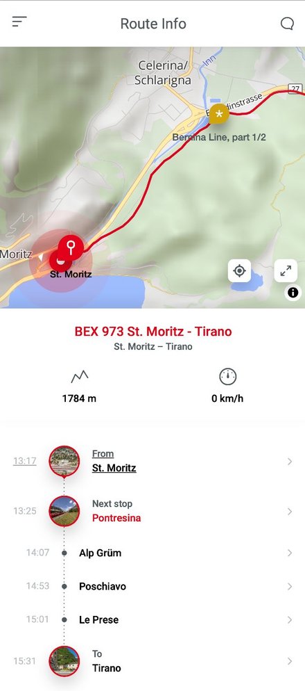 Bernina Express app - route info and stops